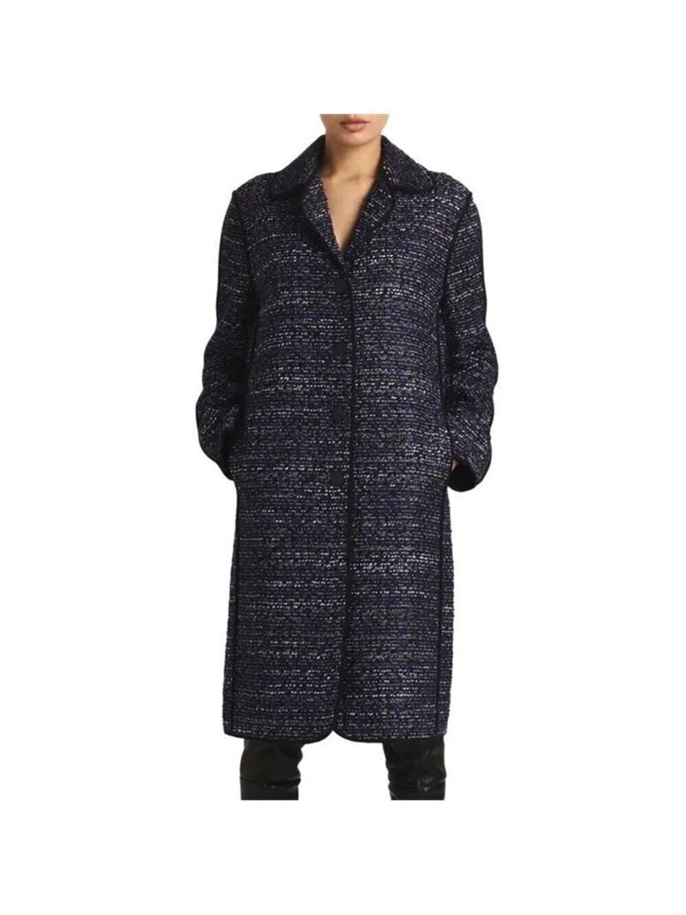 ST JOHN Lurex Bouclette Tweed Long Jacket In Purple/black Multi Size 10